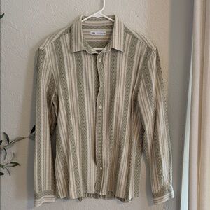 Zara Men's Olive and Cream Patterned Shirt